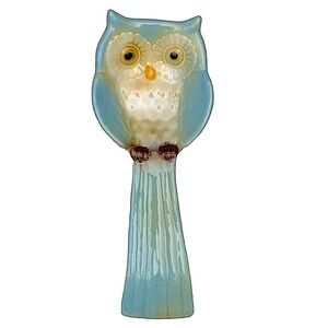Spoon Rest Owl Shape Hand Painted Glazed Ceramic Rustic Brown Blue 10 inch